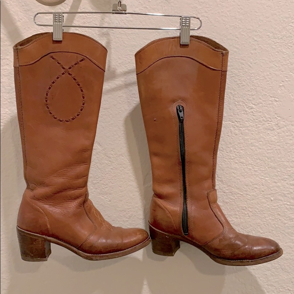 Brown leather heeled vintage boho boots